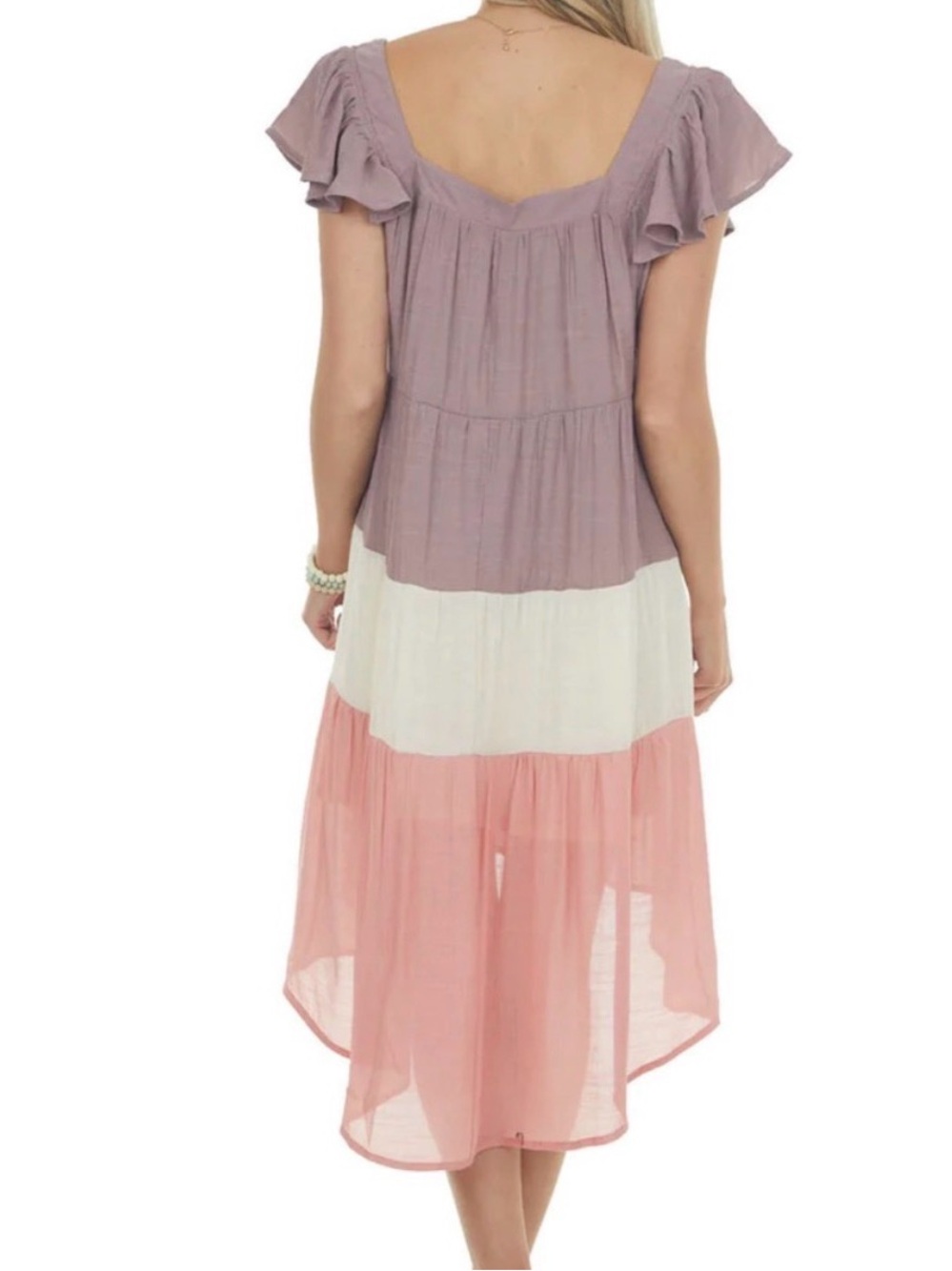 Umgee Colorblock High-Low Tiered Dress - Lavender, Cream & Pink - Picture 2 of 7